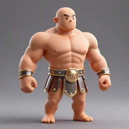 extremely muscular bald man, small legs, exaggerated arms, 3 d model, gladiator, small head.