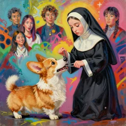 beautiful painting of a corgi killing a nun, by noah bradley, patrick woodroffe, posuka demizu, qing han, trending on artstation, 8 k, masterpiece, graffiti paint, fine detail, full of color, intricate detail, golden ratio illustration, face enhance