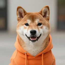 shiba inu wearing an orange hoodie,realistic