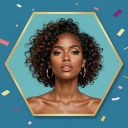 portrait of beautiful dominican woman, confetti in the sky on a hexagon shape, art by j scott campbell, vfx, sharp details
