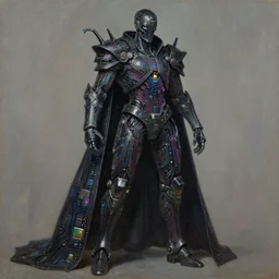 dark cyborg armour cloak!!!!! entity made of intricate complex circuitry and microchips, iridescent, warrior assassin!!!!, black full body, colorful, intricate linework, gothic baroque, intimidating athletic stance, magical, realistic oil painting, rutkowski, wlop, chebokha, artgerm