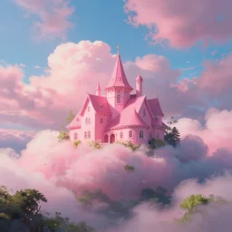 a pink house in the sky, clouds, lush, studio ghibli, sylvain sarrailh, cinematic light, majestic, concept art, volumetric lighting, magic atmospheric, 8 k, wide angle, epic composition, award winning, artstation