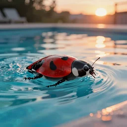 ladybird swimming in a pool of water, sunset, evening light, cinematic, fantasy art, trending on artstation, highly detailed, digital painting, volumetric light