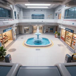 third person view of a open plaza area on a spaceship with a water feature in the middle and stores around the outside, from a space themed lucasarts point and click 2 d graphic adventure game, art inspired by thomas kinkade