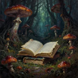 a creepy forest of evil books moldering, decaying. dark toxic mushroom forest. style of lovecraft. horror fantasy concept art. oil painting. colorful and high detail. photo realistic. 8 k.