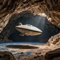 Ancient painting in a cave representing an extraterrestrial vessel landing on Earth, authentic photo