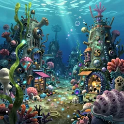 anime background of an undersea slums shopping district built from various sea shells and corals, seaweed, light prisms, light diffraction, steampunk, cyberpunk, cool colors, caustics, anime, vhs distortion, inspired by splatoon by nintendo, art created by miyazaki studio ghibli