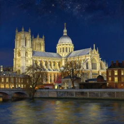 a beautiful painting of the view from the river of ancient london cathedrals, at night with a sky full of stars, intricate, elegant, highly detailed, digital painting, artstation, concept art, by krenz cushart and artem demura and alphonse mucha