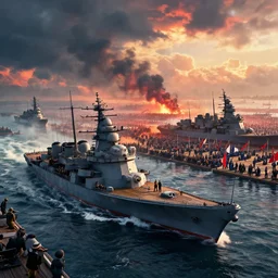 naval battle battlefield 4 by simon stalenhag and robbert sammelin and eric persson, 4 k, hd wallpaper, hdr, tonemapping, detailed, atmospheric, global illumination, majestical lighting, saturated, wet, ray tracing, anamorphic lens, chromatic aberration, battlefield 4