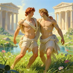 handsome achilles and patroclus in elysium, beautiful, sunlit landscape, river, flowers, greek temple, grass, ultra realistic, ethereal, vibrant, octane render, alphonse mucha, rossdraws, greg rutkowski, illustration, smooth, very detailed, 8 k elegant, lonely atmosphere, sharp focus, vibrant