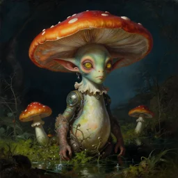 a close - up rococo portrait of a colorful mushroom alien elf - like creature with futuristic features standing in water, moss, and swamp. glowing eyes. night time. rich colors, high contrast. gloomy, highly detailed 1 8 th century sci - fi fantasy masterpiece painting by jean - honore fragonard, moebius, and johfra bosschart. artstation