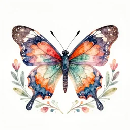 beautiful watercolor intricate colorful drawing of a butterfly, surrounded by decorative flowers on the bottom, on a white background  :: top down view