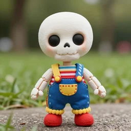 an adorable simple cartoonist ball jointed skeleton fashion doll, lovingly crafted by hand at the park, bright and colorful, wearing festive overalls, worms eye view, macro camera lens, cinematic, focus