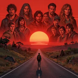 an epic drawing of lonely traveler on the road, red sunrise on the background, by alan lee, stanley artgerm lau, diego gisbert llorens, mark brooks, charlie bowater, greg rutkowski, xiang duan, thomas eakes, concept art, detailed terrain, insanely detailed and intricate, vivid and vibrant, highly detailed, cinematic lighting, concept art, sharp focus, illustration, artstation