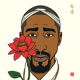 a stylized minimalist portrait of tupac and a chrysanthemum. shin hanga and kawanabe kyosai and cory loftis and rossdraws and wlop and rossdraws and greg rutkowski weta studio and lucasfilm, flat colors, thick black outlined, woodblock print
