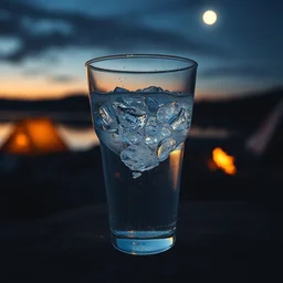 [ a cup of sparkling water ], cup of ( water and shiny crystals ), highly detailed, dusk, moon light, campsite, hdr, backlit, ( dramatic angle ), 8 k, f / 2 0, 2 0 mm