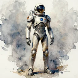 male, full body, modern space suit, intriguing helmet, very stylized character design, the expanse tv series, large shoulders, short torso, long thin legs, tiny feet, science fiction, hyperdetailed, technical suit, dieselpunk, watercolor digital painting, in the style of mike mignola, by alex maleev, jean giraud
