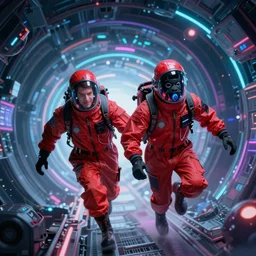 two scientists wearing red rick owens hazmat suits escaping the neon event horizon by frank frazetta