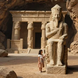a young girl stands next to a stone colossus, in front of a temple, in a large desert cave, dramatic lighting, hudson river school