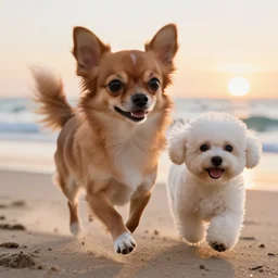 a photorealistic closeup image of a cute brown colored long haired chihuahua cocker spaniel dog running with a smiling white bichon frise puppy on the beach. sunset, surf, brightly lit scene. fine detail. nice composition. 4 k hd unreal engine