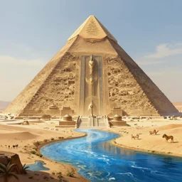 an anthropomorphic beautiful great futuristic pyramid civilisation in a desert, blue crazy river, fine art, award winning, intricate, elegant, sharp focus, octane render, hyperrealistic, cinematic lighting, highly detailed, digital painting, 8 k concept art, art by jamie hewlett and z. w. gu, masterpiece, trending on artstation, 8 k