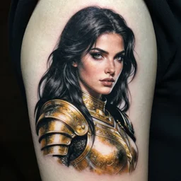 tattoo design, stencil, half portrait of a beautiful female valkyrie warrior with long black hair. artgerm, concept art, gold and white color scheme, armor, artstation, clear picture, beautiful face