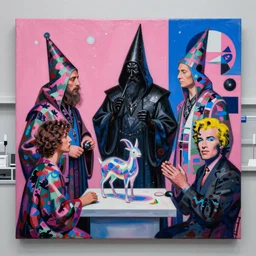 a masterpiece painting in the laboratory of a technomancer wizard, in dazzle camouflaged robes, pointed hoods, he discusses sentience with his al djinn by remedios varo and anato finnstark and greg rutkowski and andy warhol and francis picabia. dayglo pink and blue, prismatic, pearlescent, raven black, glowing, hyperrealism, trending on artstation