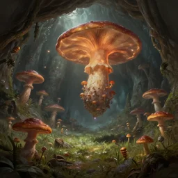 flying chemosynthetic mushroom in a large meadows cavern boss battle fantasy artwork epic detailed and intricate digital painting trending on artstation by wlop octane render