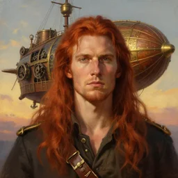 portrait painting of a handsome face rugged long hair crimson hair male captain simple clothing top half portrait soft hair steampunk wood brass ornate mechanical zeppelin airship in the background sky sunset golden hour fantasy rugged book cover art atmospheric lighting art by mullins rutkowski bussiere