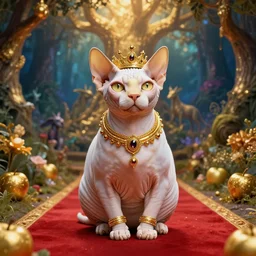 sphynx cat deity, fat figure, cute, elegant, furry, white, gold, warm, wearing a crown, bracelets and necklaces, red carpet, figure, realistic, hair detailing, background is heavenly, wonderland at night, the light in the deep forest full of mythical creatures of the picture, according to european art, golden sacred tree, golden apple, flower garden, hyper realistic render. den noise. volumetric lighting. dynamitc lighting. unreal engine. octane. hyper cinematic lighting