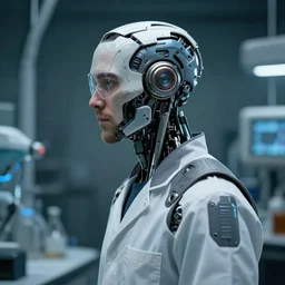 a laboratory operator man with cybernetic enhancements, scifi character portrait by greg rutkowski, craig mullins, daytoner, cinematic lighting, dystopian scifi gear, profile picture, highly mechanical, cyborg, half robot