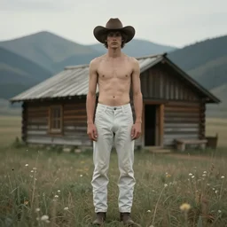 a beautiful ethereal homoerotic full - body portrait of a shirtless cowboy wearing long underwear | he's wearing a cowboy hat | background is a cabin in the mountains | muted colours, dreamlike | by mark maggiori and frederic remington | trending on artstation