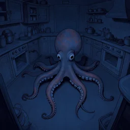 dark palette, fisheye octopus shaped lines, naive, extra narrow, detailed illustration of a kitchen, large floor, by rhads from lorax movie, trending artstation, dark blue