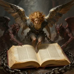 book of enoch, angels capture demons with huge chains and send them to hell, atmospheric lighting. highly detailed digital painting, sharp focus by dore and bouguereau and ross tran, trending on artstation