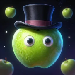 Psychedelic portrait of a Granny Smith apple with google eyes floating in space wearing a top hat , volumetric lighting, artstation, digital painting, very high detail, hyperrealistic, vivid color