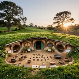 archeological discovery of ancient hobbit dwellings, the shire, well preserved, dig site, artifacts displayed on the lawn, sunrise, digital photography, 3 2 megabit, national geographic.