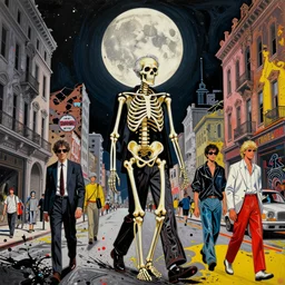 decollage painting old man walking through the streets of ruined city under the huge moon with a skeleton shining through his body by adrian ghenie and takato yamamoto and edward hopper and mark ryden and tsutomu nihei, part by bridget riley, acrylic pour and splashing paint, very coherent, baroque elements, perfect anatomy, intricate design. pop art.