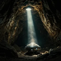 teleportation machine in a dark cave, light shining from the machine and illuminating the rock formations by zack snyder