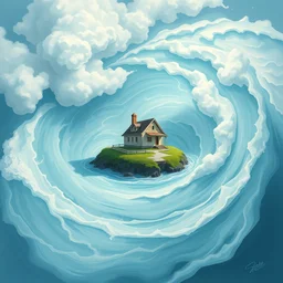 house on an island, spirals, white, fog swirly clouds, soft serve, ice cream, lush, spin, foam, braid, dreamy, whirlpool, creamy froth, volumetric light, gouache, cinematic, wide angle, octane render, high details, waves, knife painting, saturated, rhads, van gogh, ghibli, trending on artstation