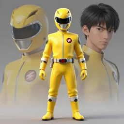symmetry!! yellow ranger, samurai, asian, artstation, art by murata, art by oda echiiro, lightning helmet, 3 d, jumpsuit, tracksuit, yellow, gloves, logo