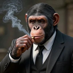 a high detail shot of a  chimp wearing a suit, smoking, unreal engine