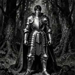 man, plate armor, royal mantle, dark forest, alone in the woods, rotogravure, dark, majestic, powerful, dark fantasy manga artstyle, by julius schnorr von carolsfeld and kentarou miura