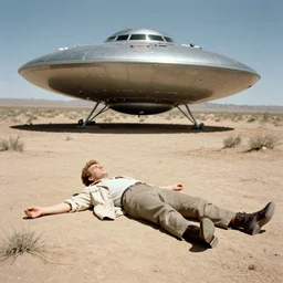Asmongold laying sprawled out on the ground next to a crashed UFO in a New Mexico desert. 1940s photograph.