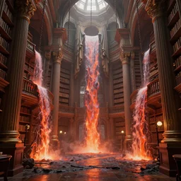 beautiful victorian library with large pillars, lava streams, magma cascades, hanging drapery, chains hanging from ceiling, light dust, by peter mohrbacher dan mumford craig mullins nekro, cgsociety, pixiv, volumetric light, 3 d render