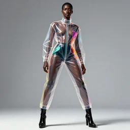 illustration of an extremely stylish single dark skinned slender model standing, see - through transparent clothing, vinyl material, colorful details, seen from below, dynamic posing, fashion photoshoot, 4 k, in style of matt houston, by jet set radio,