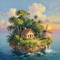 an island with a cozy cottage, tropical forest, river, waterfall, windmill, garden courtyard, sunset, puffy clouds, oil impasto painting