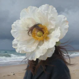 closeup, giant flower as a head, a girl on beach, surreal photography, wind and cold, dramatic sky, impressionist painting, digital painting, artstation, simon stalenhag