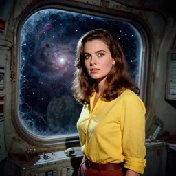 portrait of Mila Kunis exploring an eerie derelict space station, stary nebula through window, 1960s, Ludek Pesek, colorful accents, Rick Guidice, Chesley Bonestell, Lucien Rudaux, Rolf Klep, Fred Freeman, George Pal