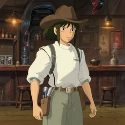 key art for a Disney animated film from 1990 from Hayao Miyazaki's Spirited Away of a futuristic western cyborg in a seedy saloon. studio ghibli