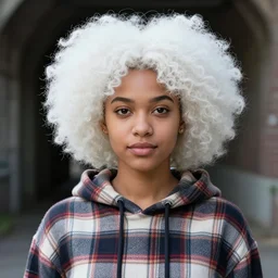 highly detailed portrait of a sewer seattle young lady, tartan hoody, white afro hair by atey ghailan, by greg rutkowski, by greg tocchini, by james gilleard, by joe fenton, by kaethe butcher, gradient green, brown, blonde crea, orange and white color scheme, grunge aesthetic!!! ( ( graffiti tag wall background ) )